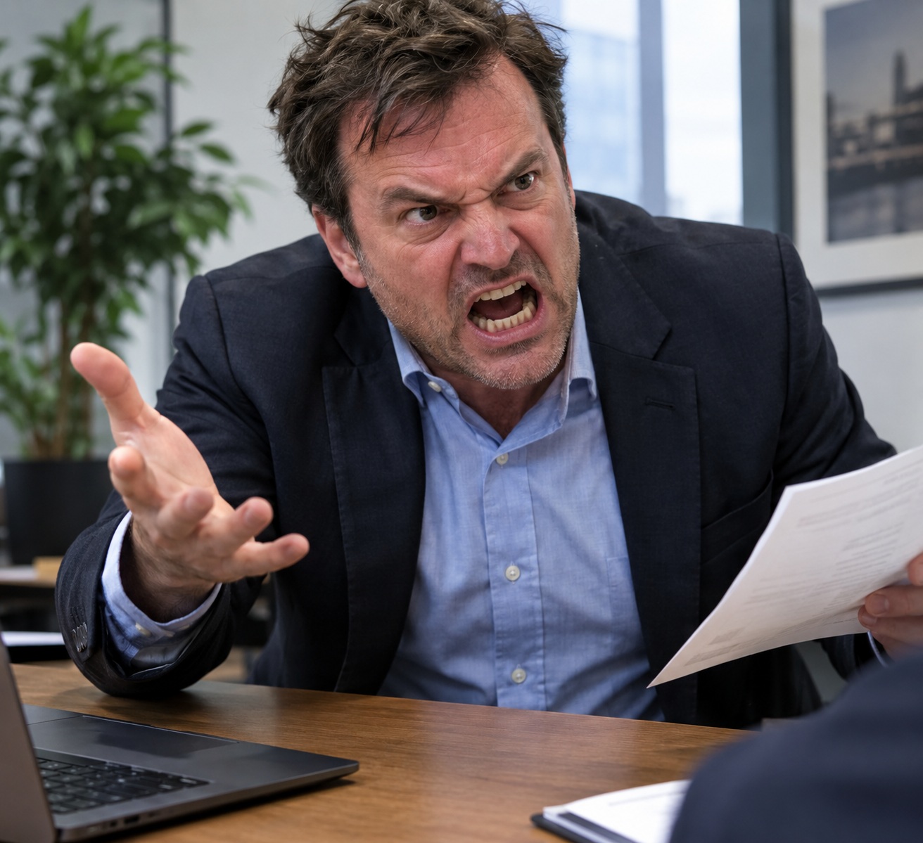 Frustrated businessman gesturing angrily while holding papers at his desk