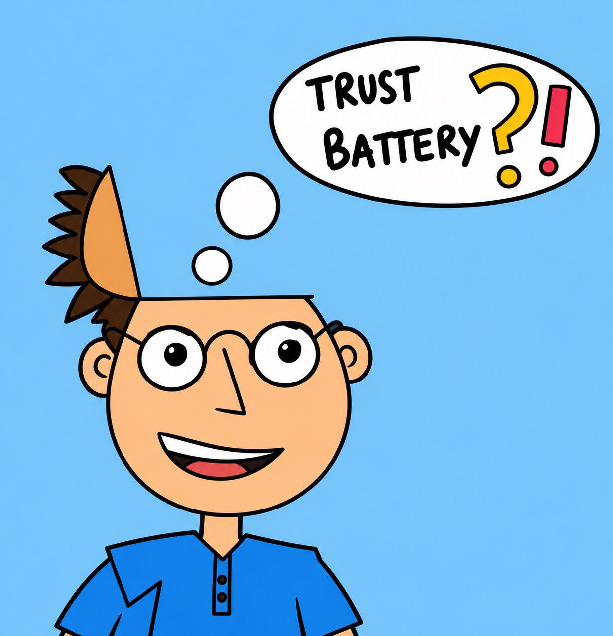 Cartoon of a man with the top of his head open, thinking bubbles rising toward a speech bubble that reads 'Trust Battery?!'