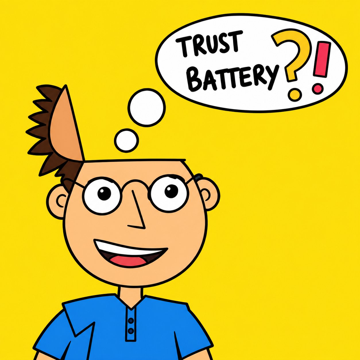 Cartoon of Doug with his head open, thinking about his trust battery